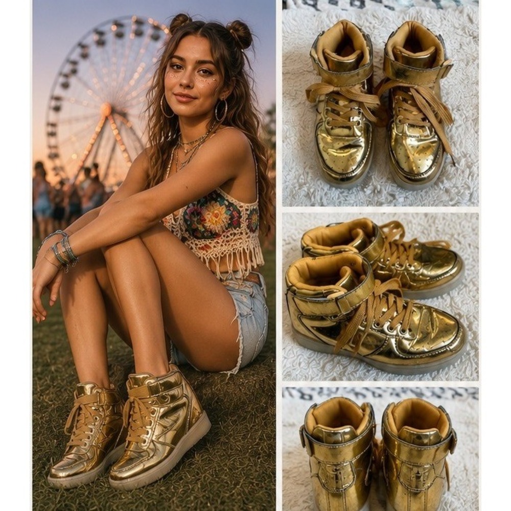Metallic Gold High Top Sneakers Ankle Strap Festival Streetwear Gold Shoes